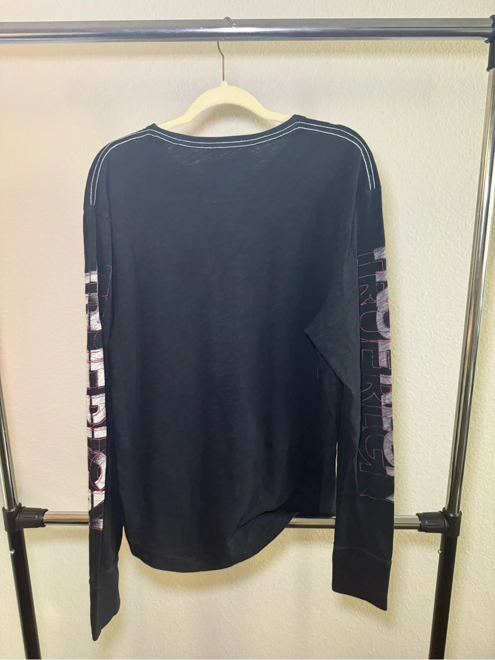 True Religion Black Long-Sleeve Graphic Tee with White Sleeve Lettering